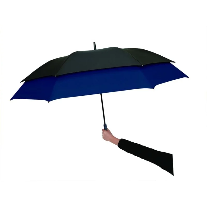 Parapluie homme pliant bleu automatique - Parapluie de qualité 10 branches  imprimé rayures rouge - Poignée crochet noir marque Ezpeleta - Espagne /